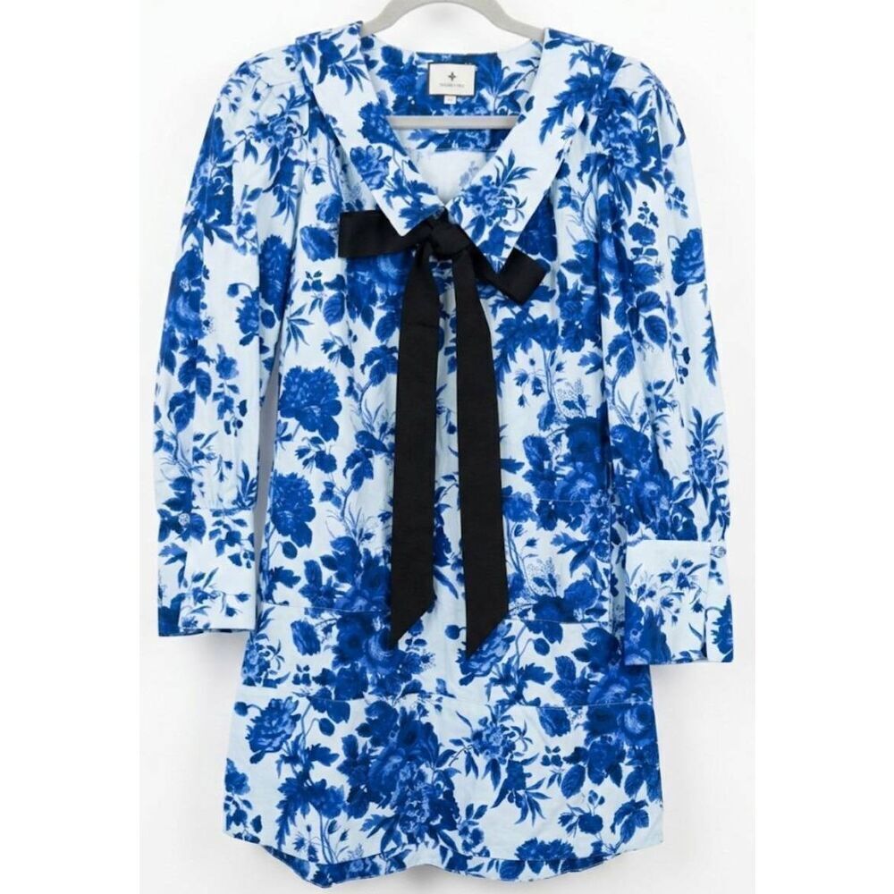 Tuckernuck womens small Peter pan collar dress blue floral front pockets bow tie